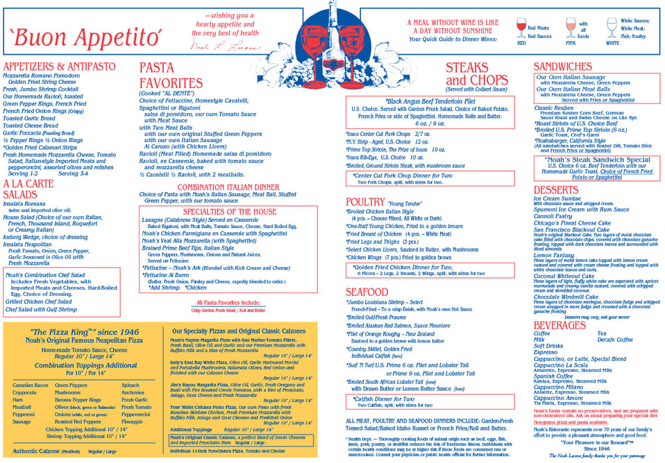 Dining Room Menus of Noah’s Ark Restaurant in Des Moines, IA