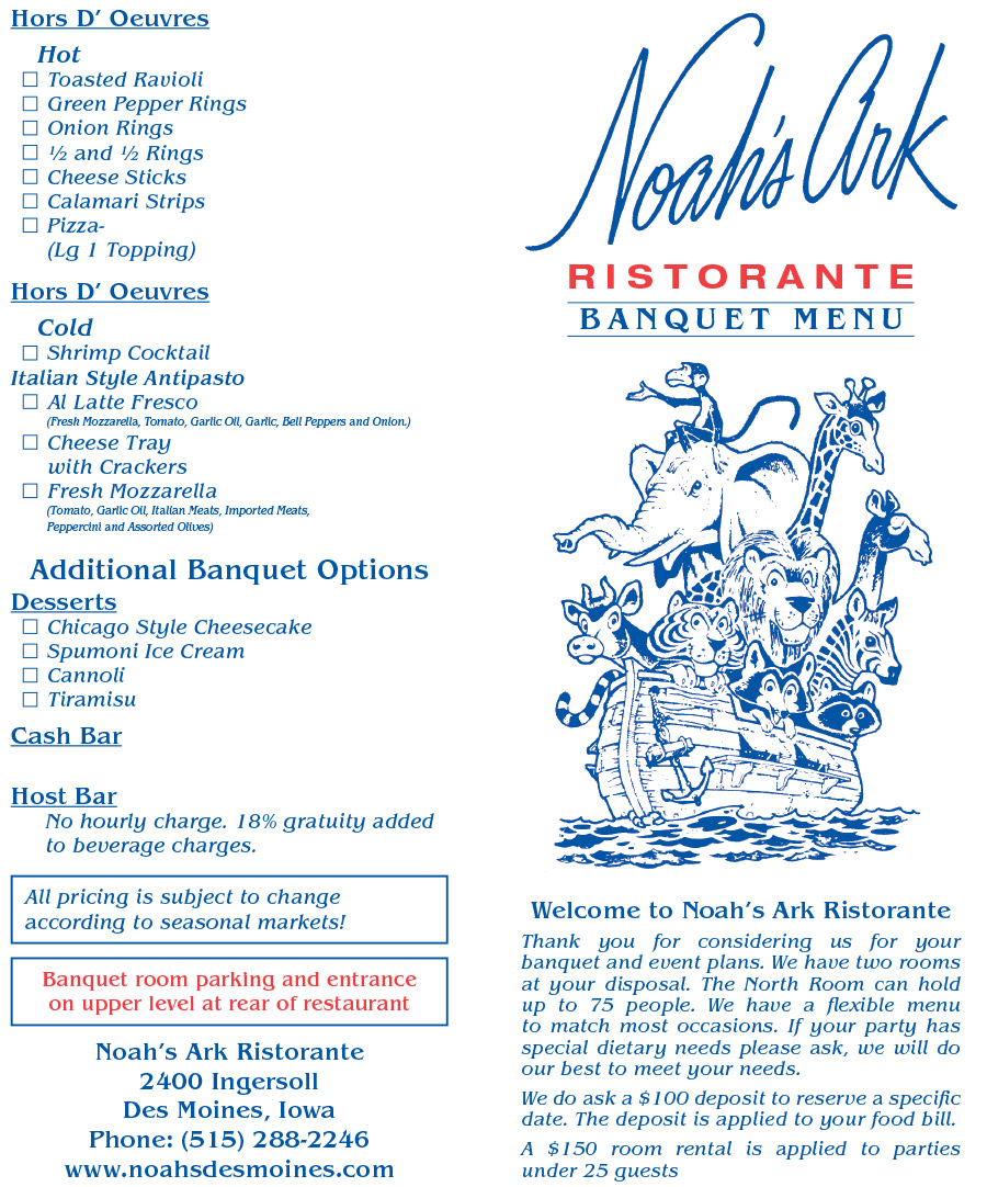 Banquet Menu of Noah's Ark Restaurant in Des Moines, Iowa