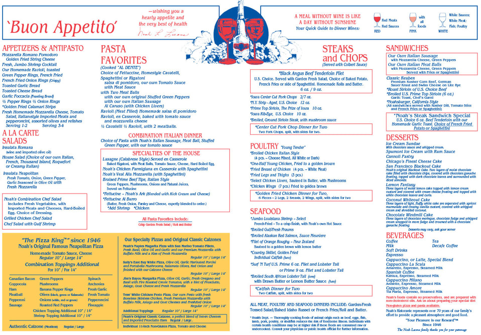 Dining Room Menu of Noah's Ark Restaurant in Des Moines, Iowa